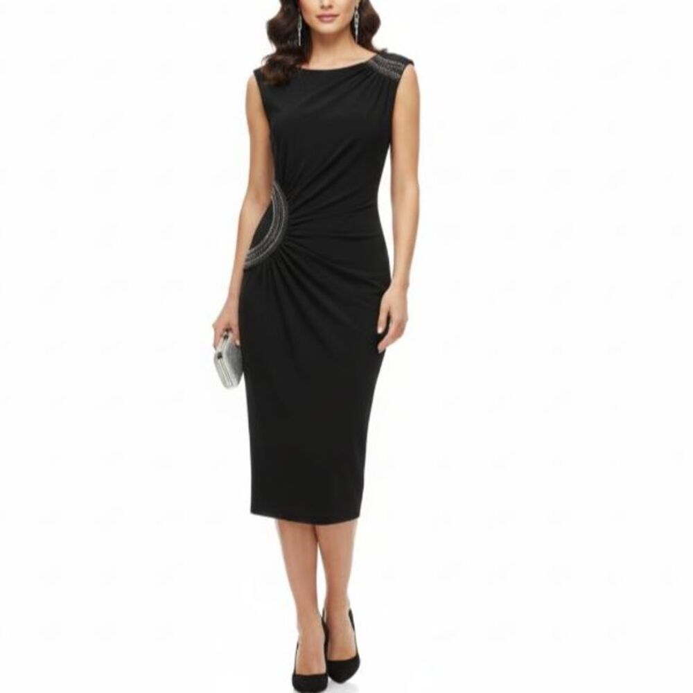Cache Y2K Women's Black Stretchy Chain Detail Sleeveless Midi Cocktail Dress XS